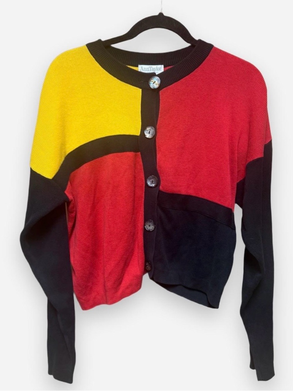 Vintage Anne Taylor Studio Cotton Red, Yellow and Black Color Block Cardigan